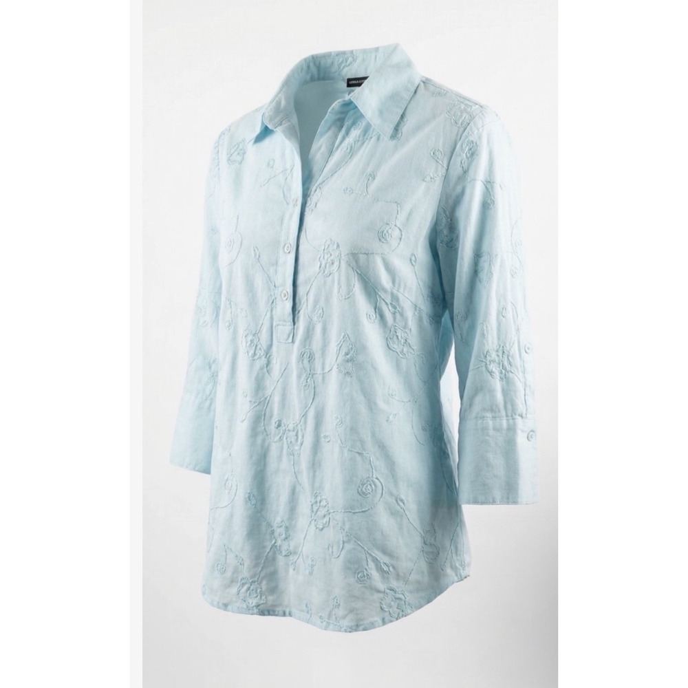 Saint Tropez West Women's Medium Linen Embroidered Button Up Blouse Aqua Blue M